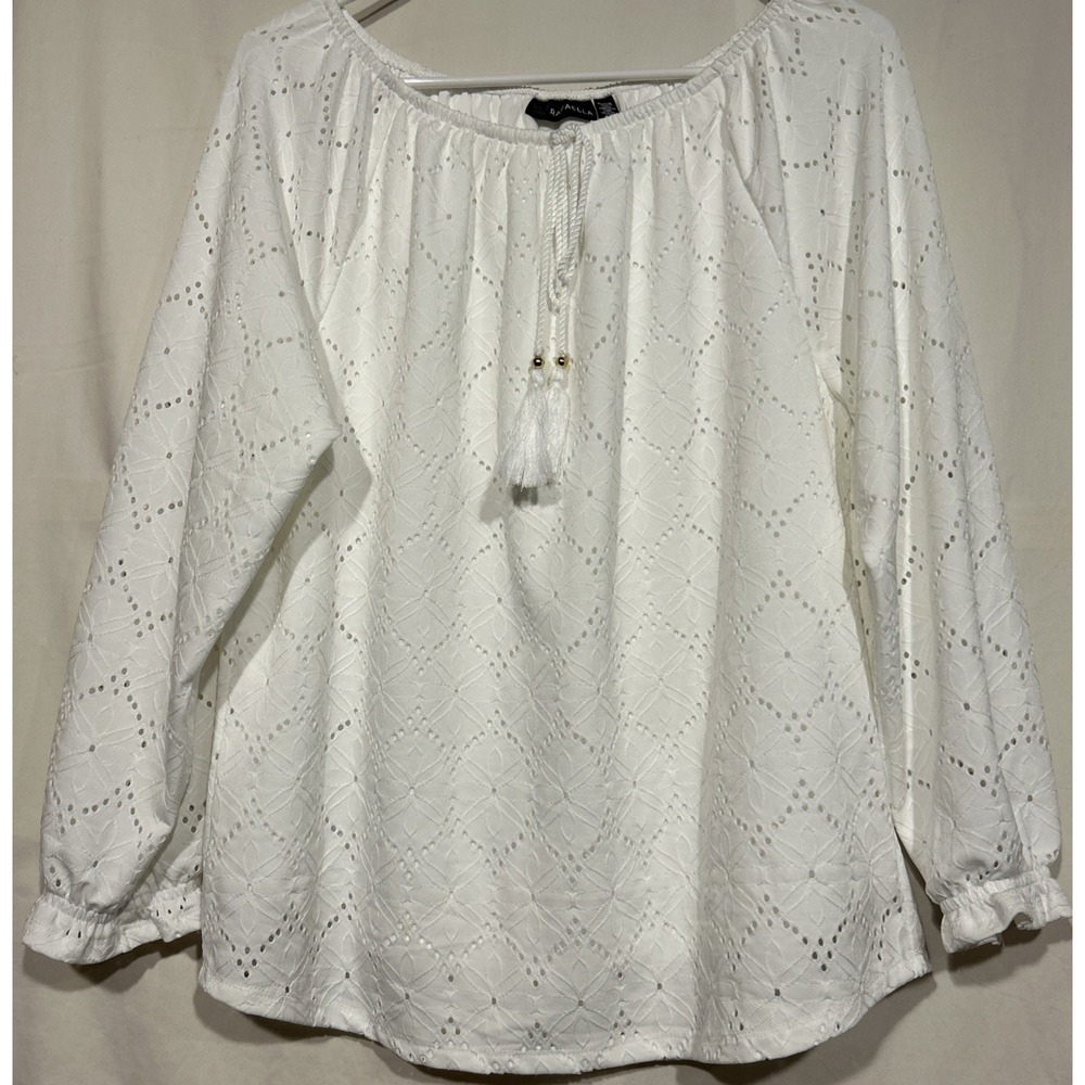 Eyelet Lace Puff Sleeve Peasant Top White Sz M Lined Pullover Elastic Neck